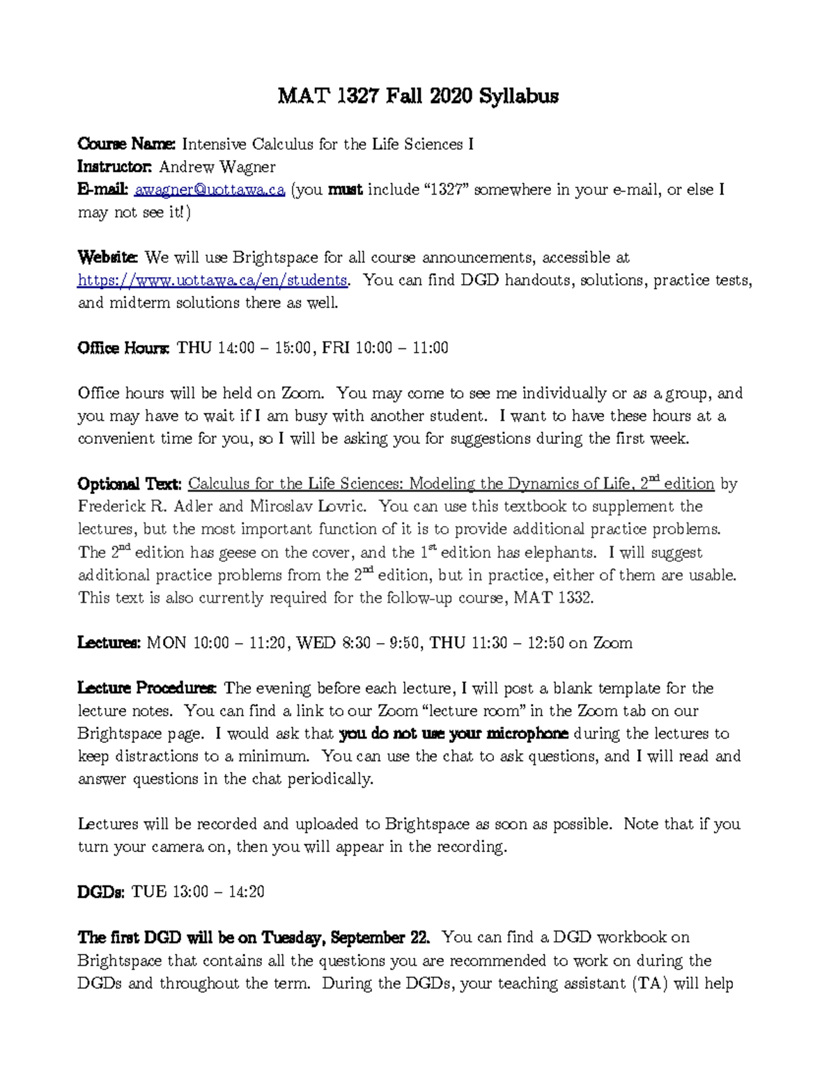 MAT 1327 Fall 2020 Syllabus for Intensive Calculus - Life Sciences I ...