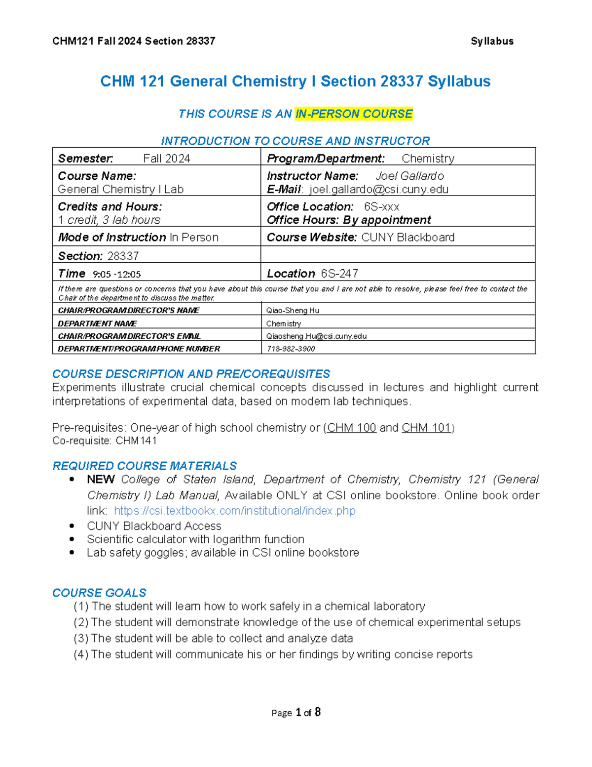 CHM 121 General Chemistry I Lab Syllabus - Fall 2024, Section 28337 ...