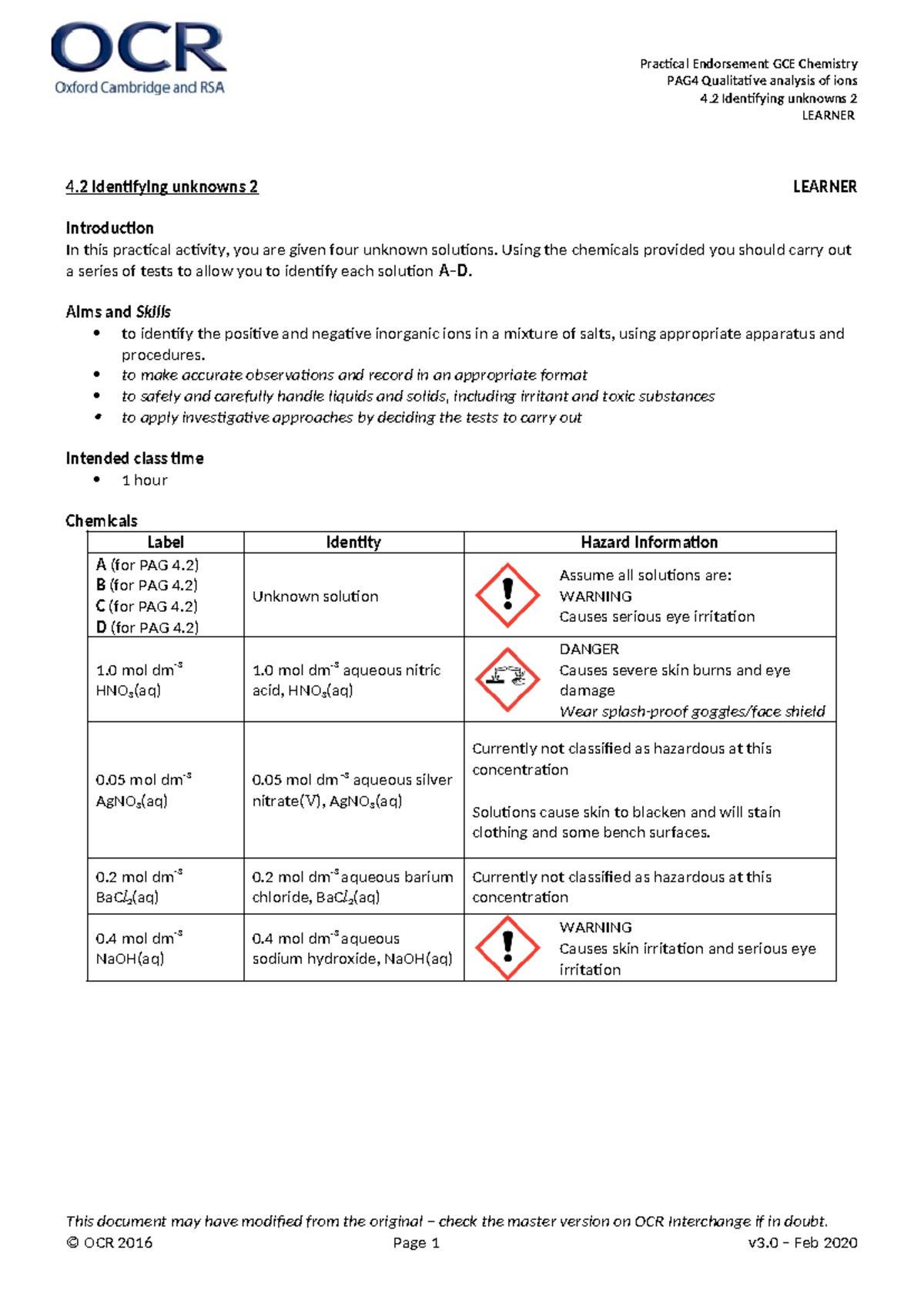 GCE Chemistry PAG 4.2 Practical Learner Guide: Identifying Unknowns ...