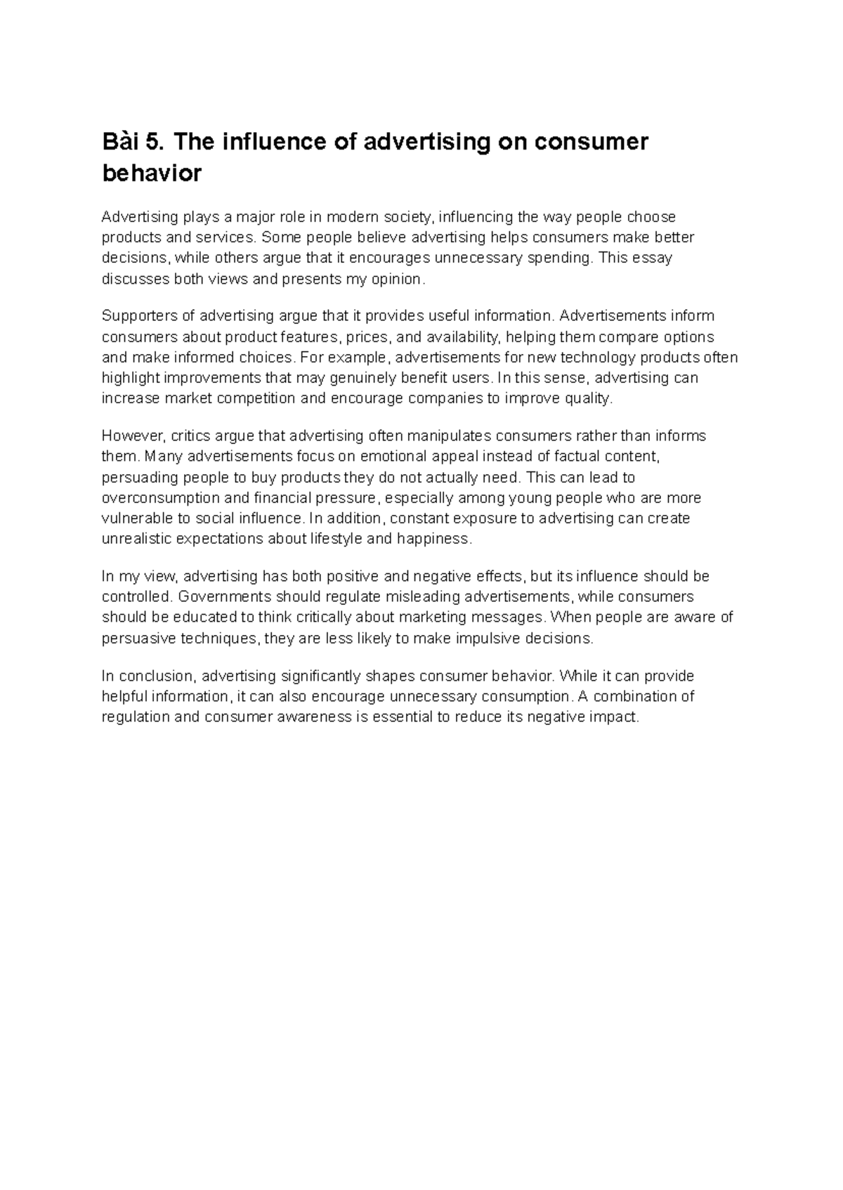 Bài 5: The Impact of Advertising on Consumer Behavior - Writing Task 2 ...