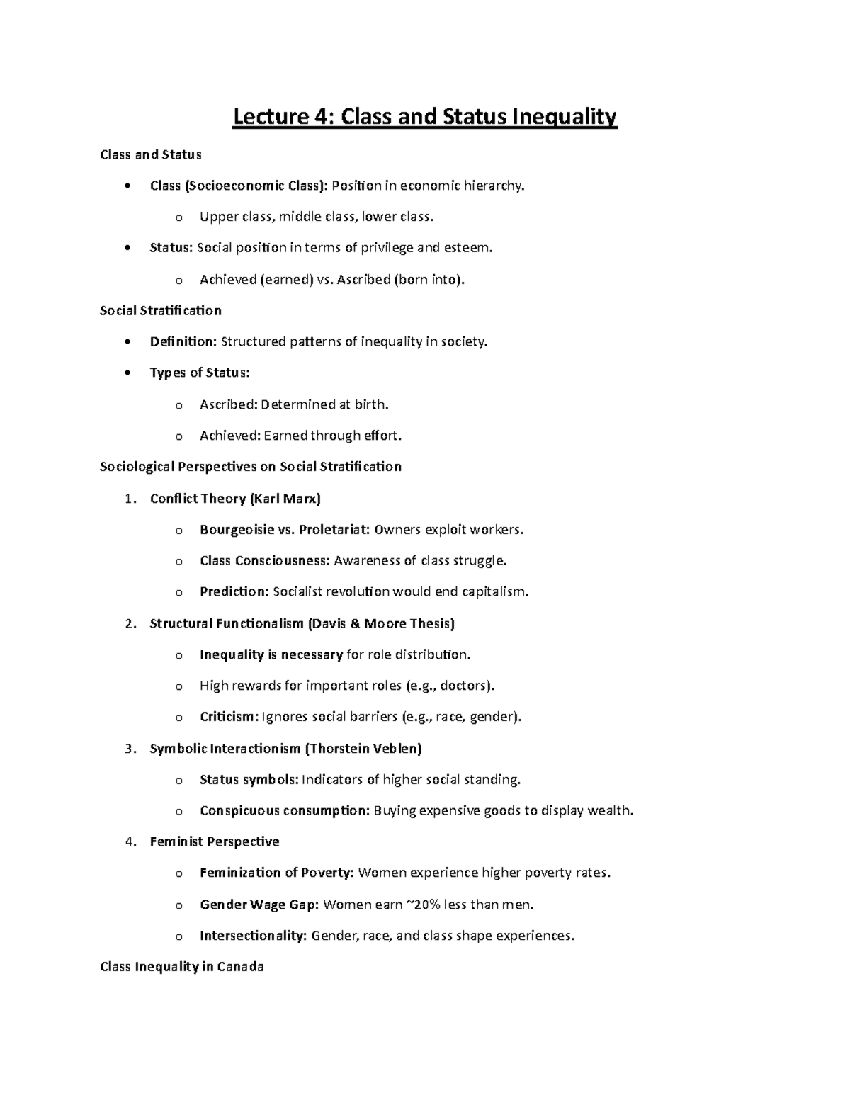 Soci lecture notes - Lecture 4: Class and Status Inequality Class and ...