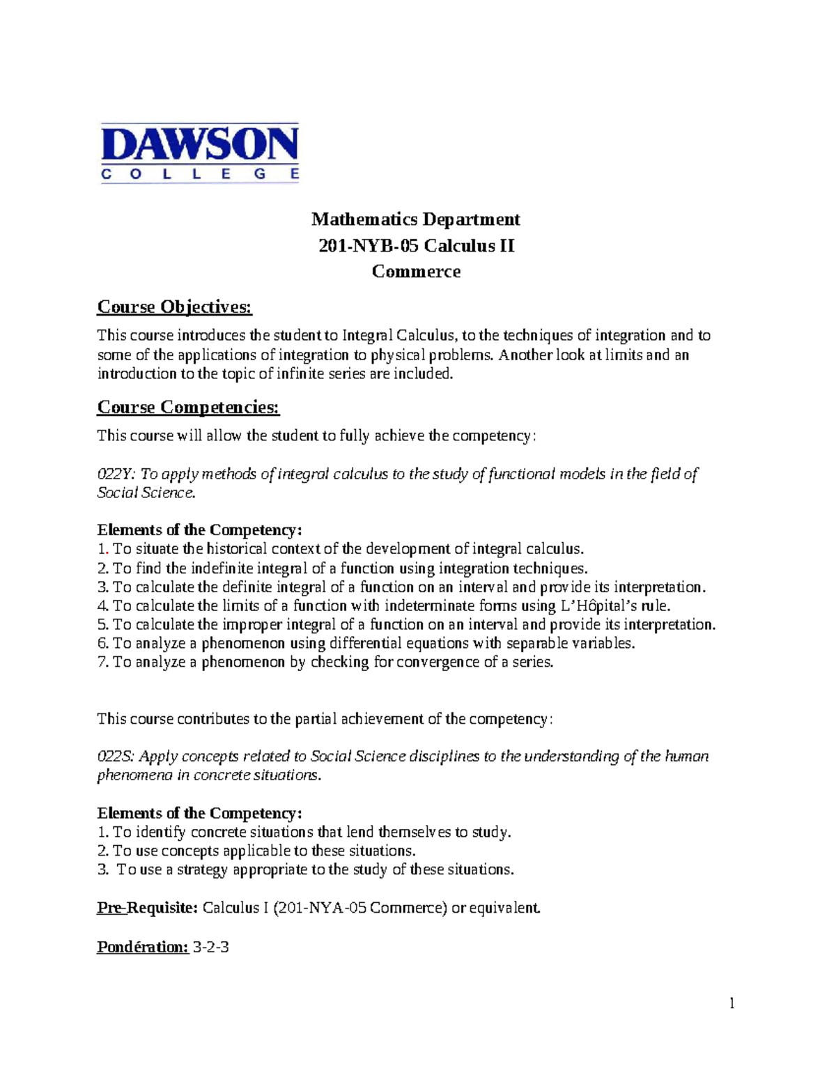 Cal 2 - Dawson College Integral Calculus Course Objectives and ...