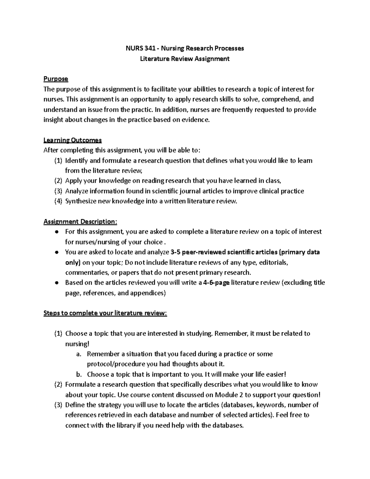 Lit review rubric - NURS 341 - Nursing Research Processes Literature ...
