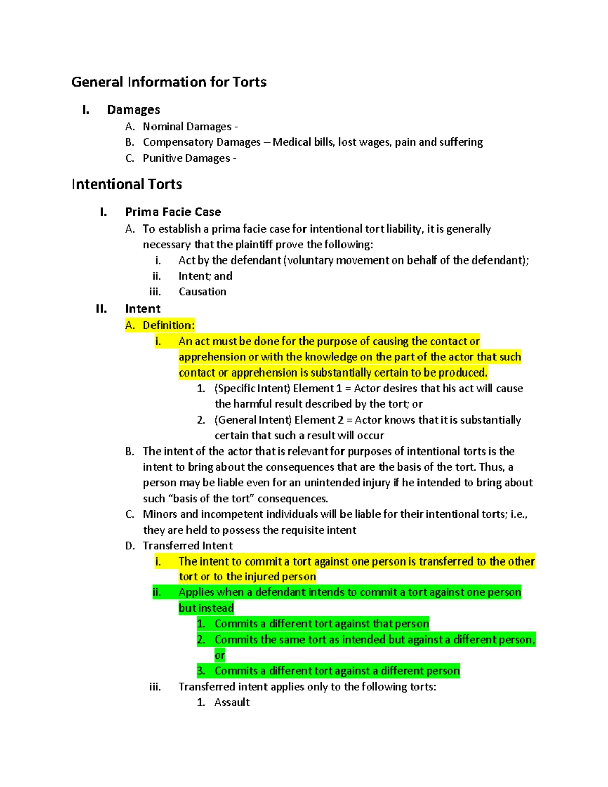 Torts Outline - Key Concepts and Legal Principles Review - Studocu