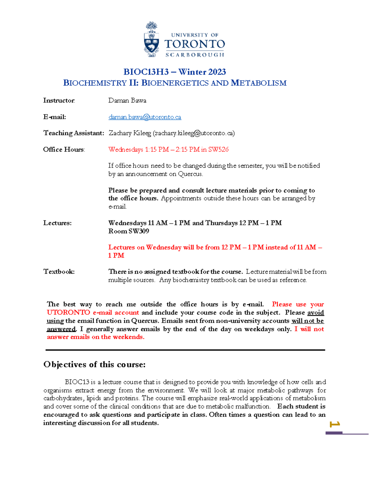 BIOC13H3 – Winter 2023 Syllabus for Biochemistry II: Bioenergetics ...