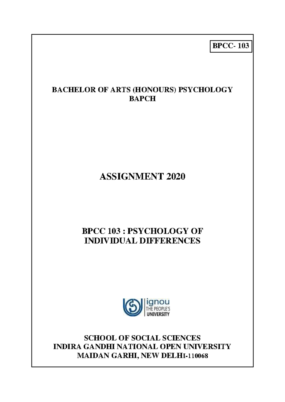 BPCC 103 Psychology of Individual Differences - BPCC- 103 BACHELOR OF ...