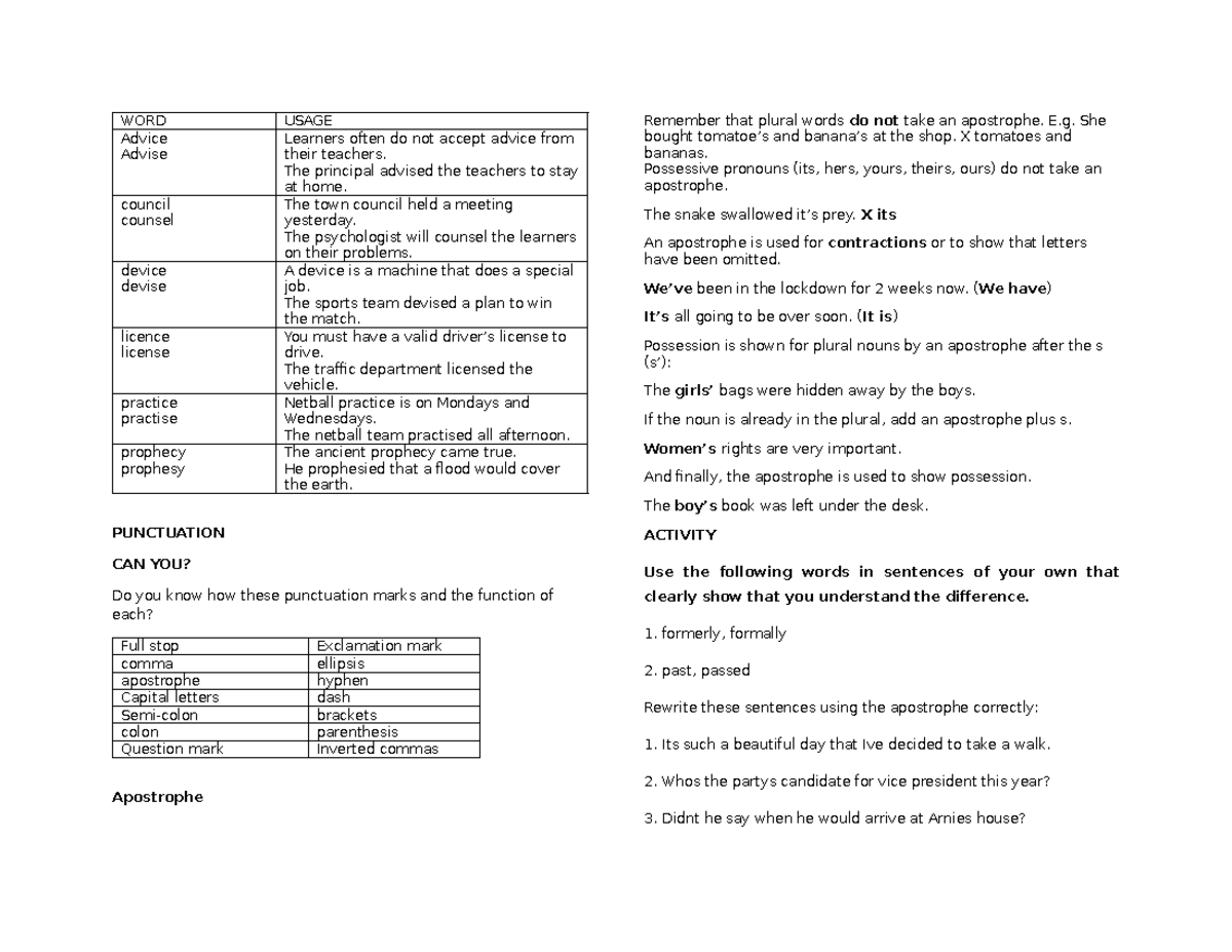 Spelling & Punctuation Guide: Usage, Advice, and Practice - Studocu