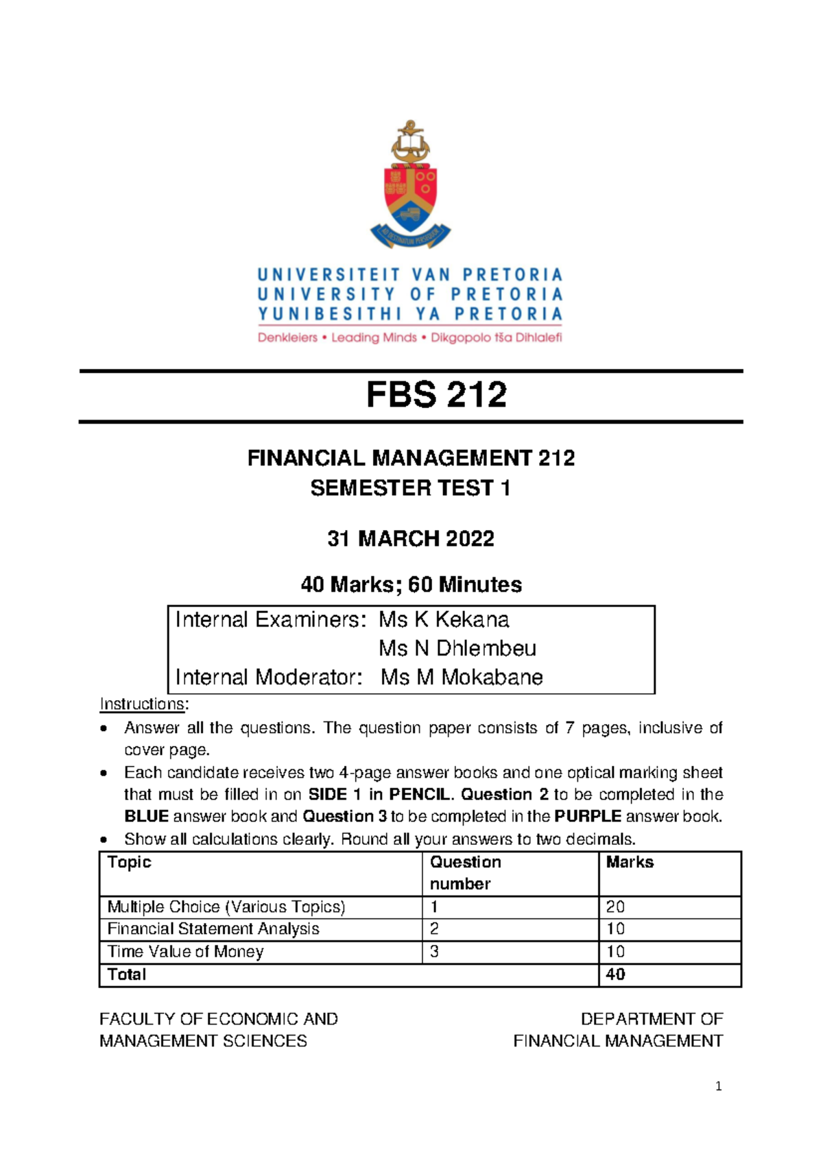FBS 212 Financial Management Semester Test 1 - March 2022 Overview ...
