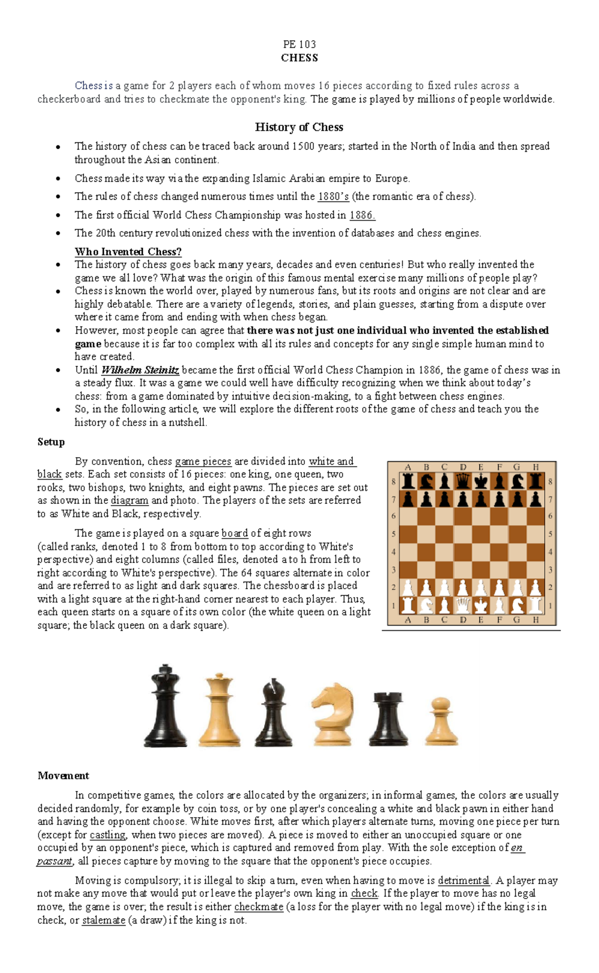 Chess Lesson Overview and History - PE103 Discussion - Studocu