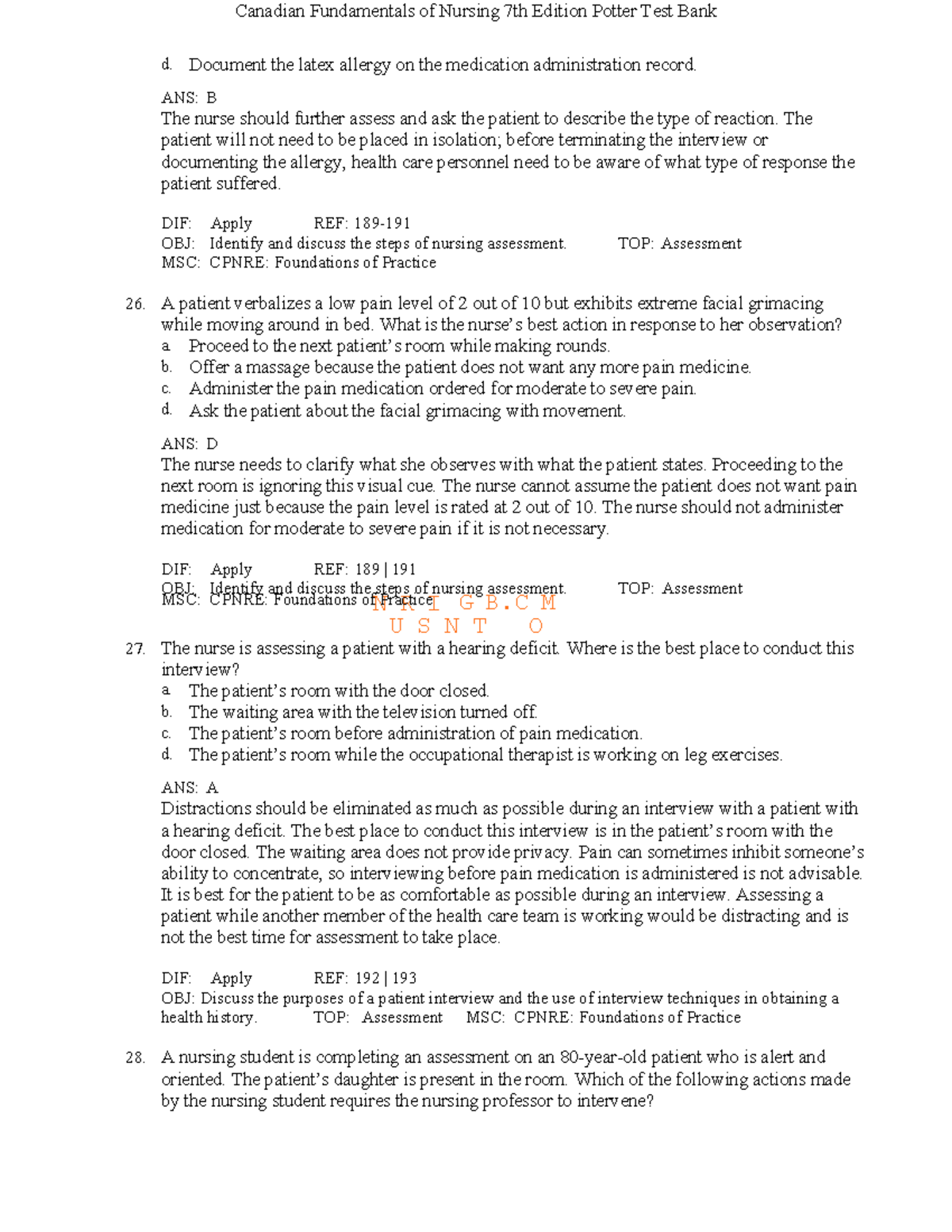 Canadian Fundamentals of Nursing 7th Ed. Potter Test Bank - Assessment ...