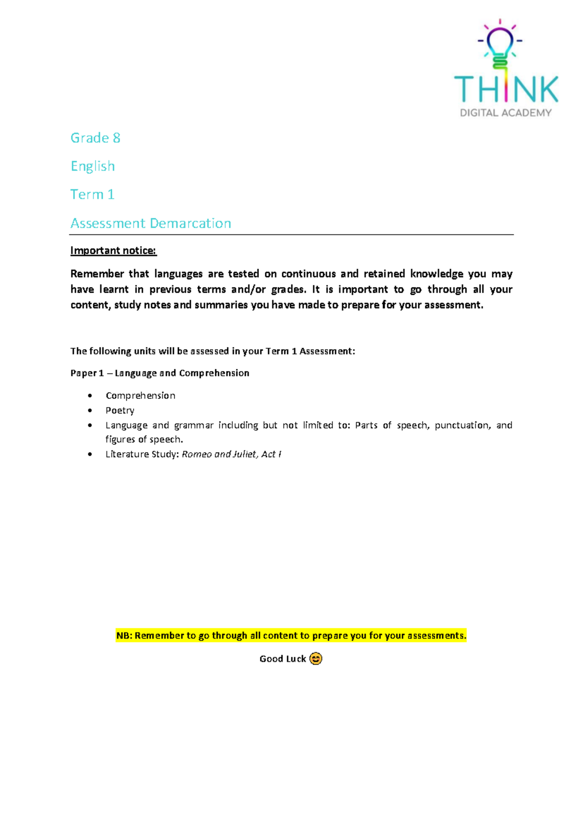 Grade 8 English Term 1 Assessment Demarcation Guide - Studocu