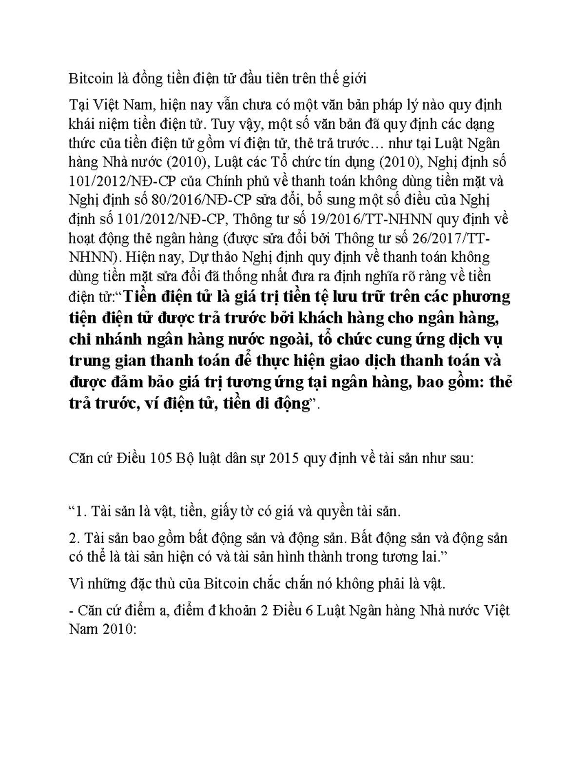 Khái niệm Pháp Lý về Bitcoin tại Việt Nam: Tiền Điện Tử và Quyền Tài Sản -  Studocu