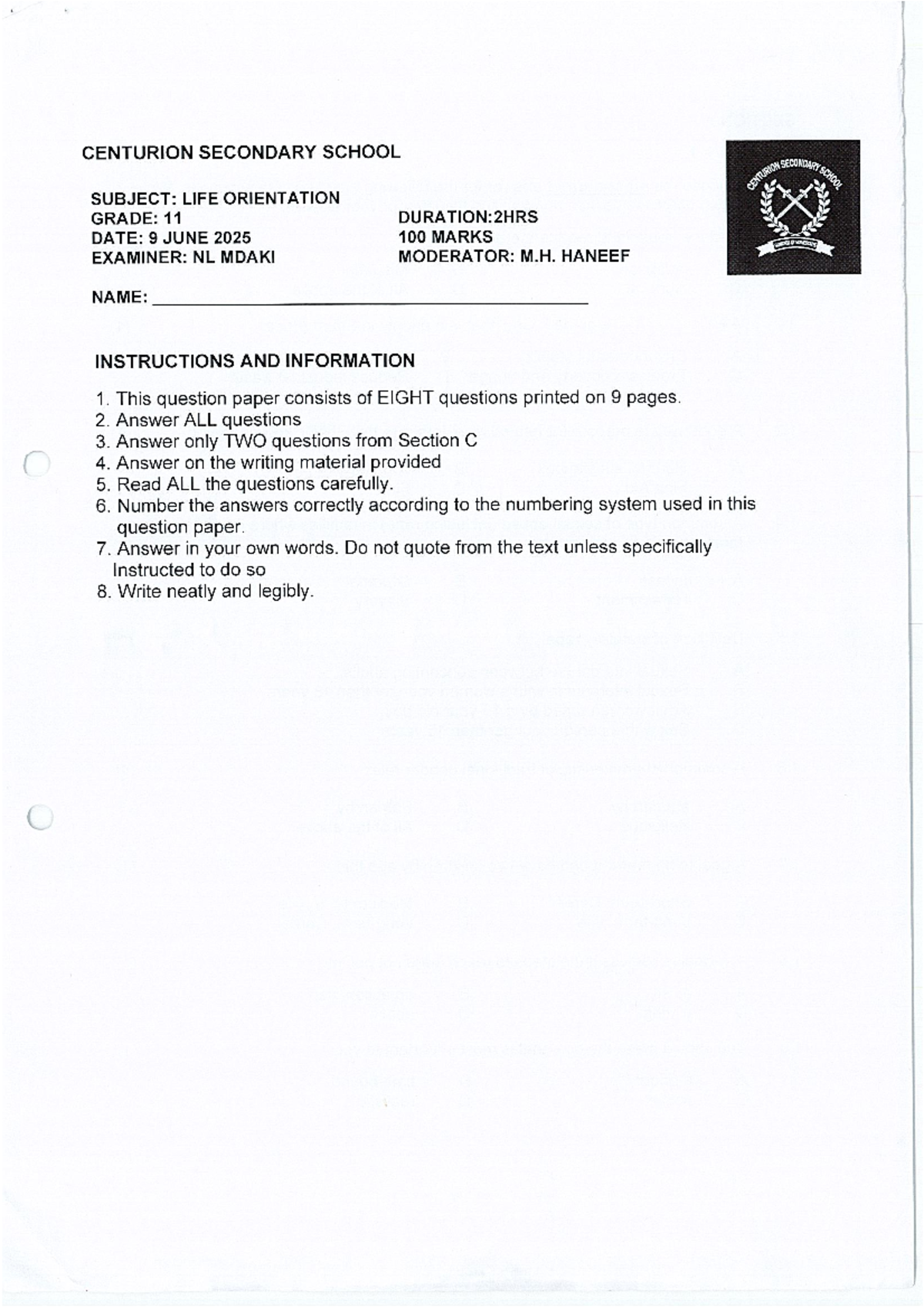 LO11 Final Exam: Life Orientation Question Paper (9 June 2025) - Studocu