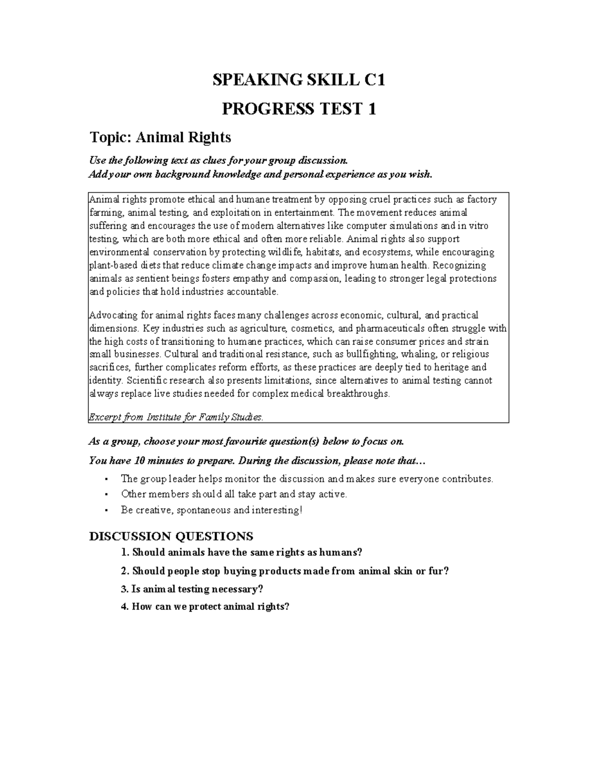 Final Speaking Skill C1 Progress Test 1: Animal Rights Discussion Guide ...