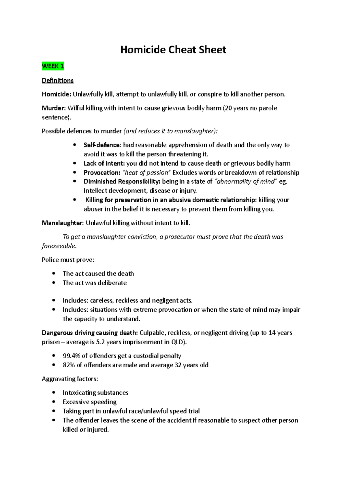 Homicide Revision 1-12 Revision - Homicide Cheat Sheet WEEK 1 Deiniions ...