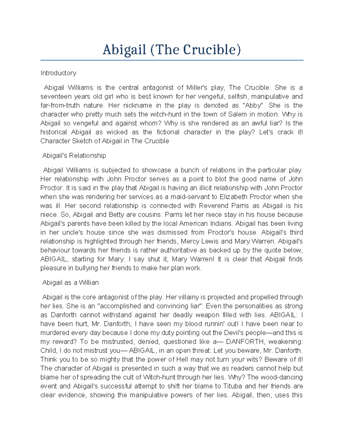 Character Analysis of Abigail in Miller's The Crucible (ENG 101) - Studocu