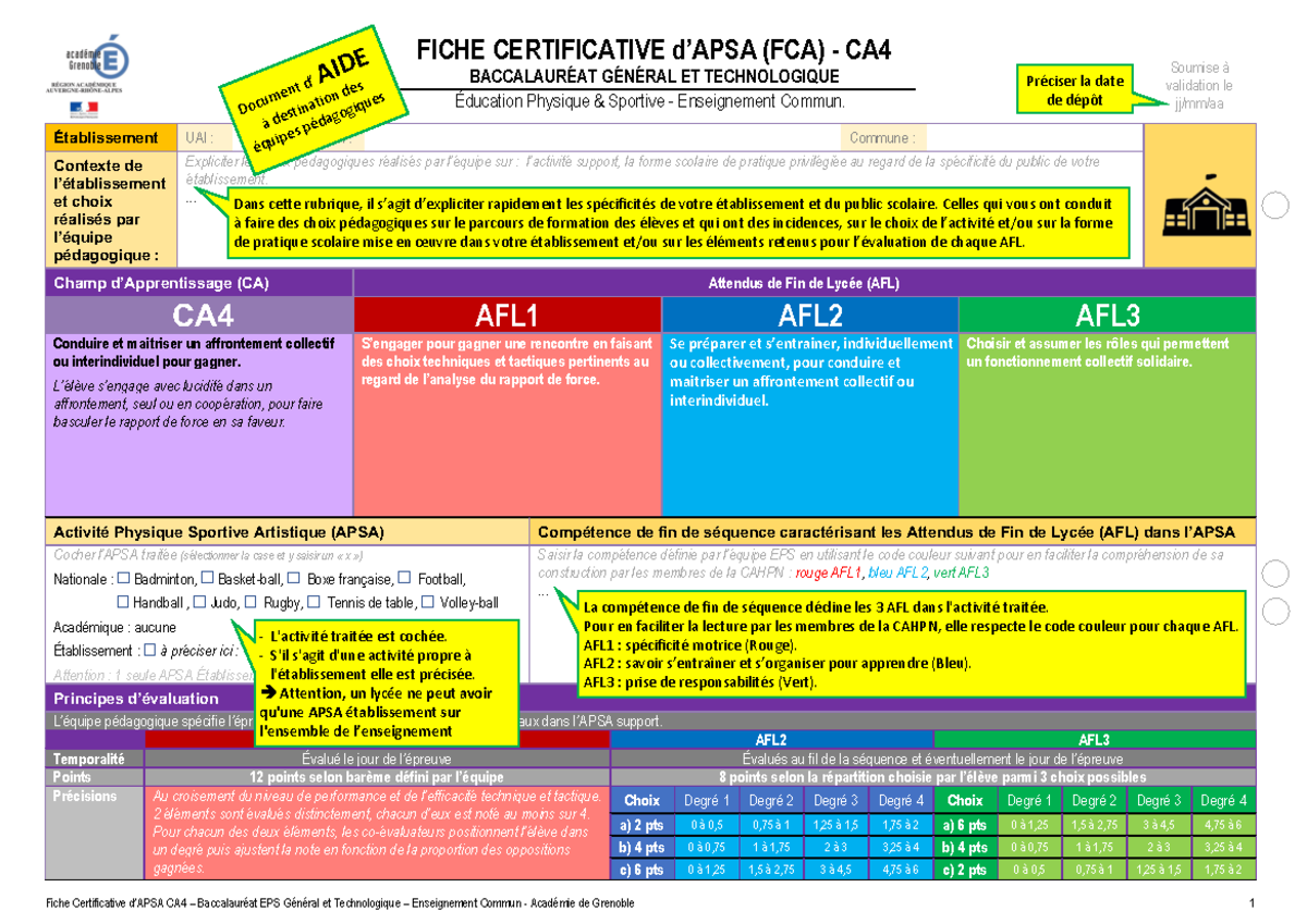 Fiche Certificative d’APSA CA4 - Baccalauréat EPS Générale 2021 - Studocu