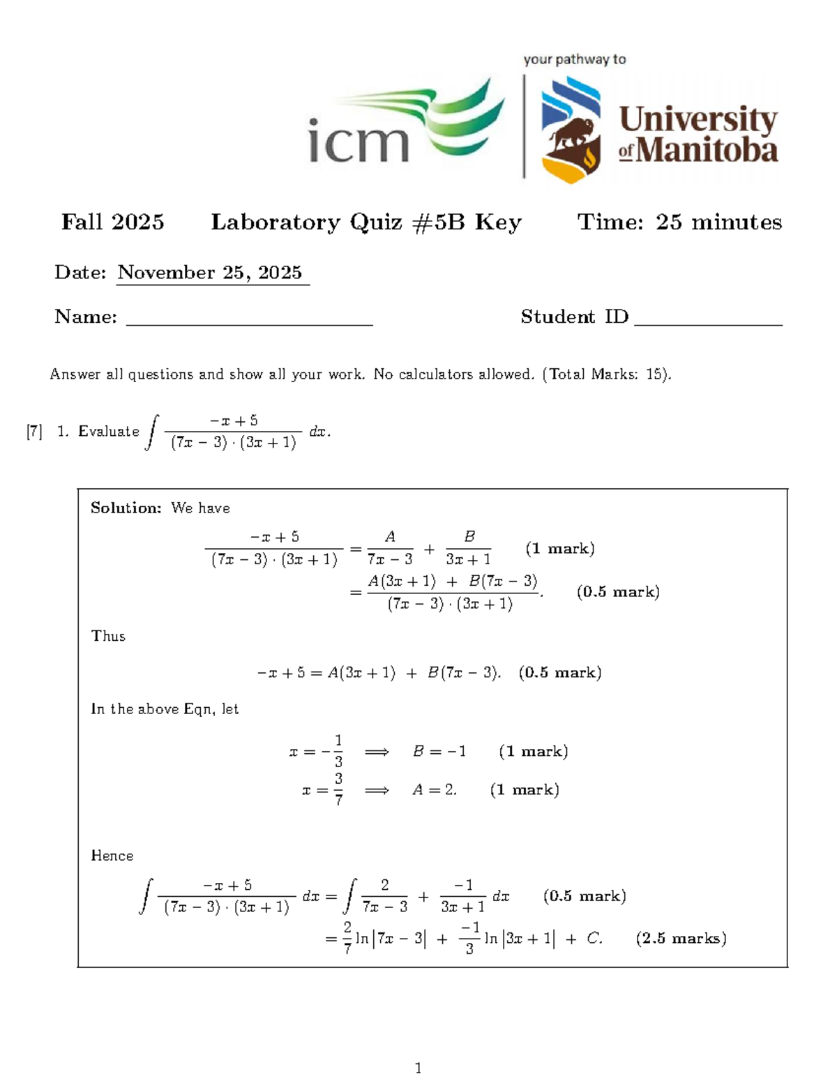 Fall 2025 Math 1700 Quiz 5B Solutions and Key - Studocu
