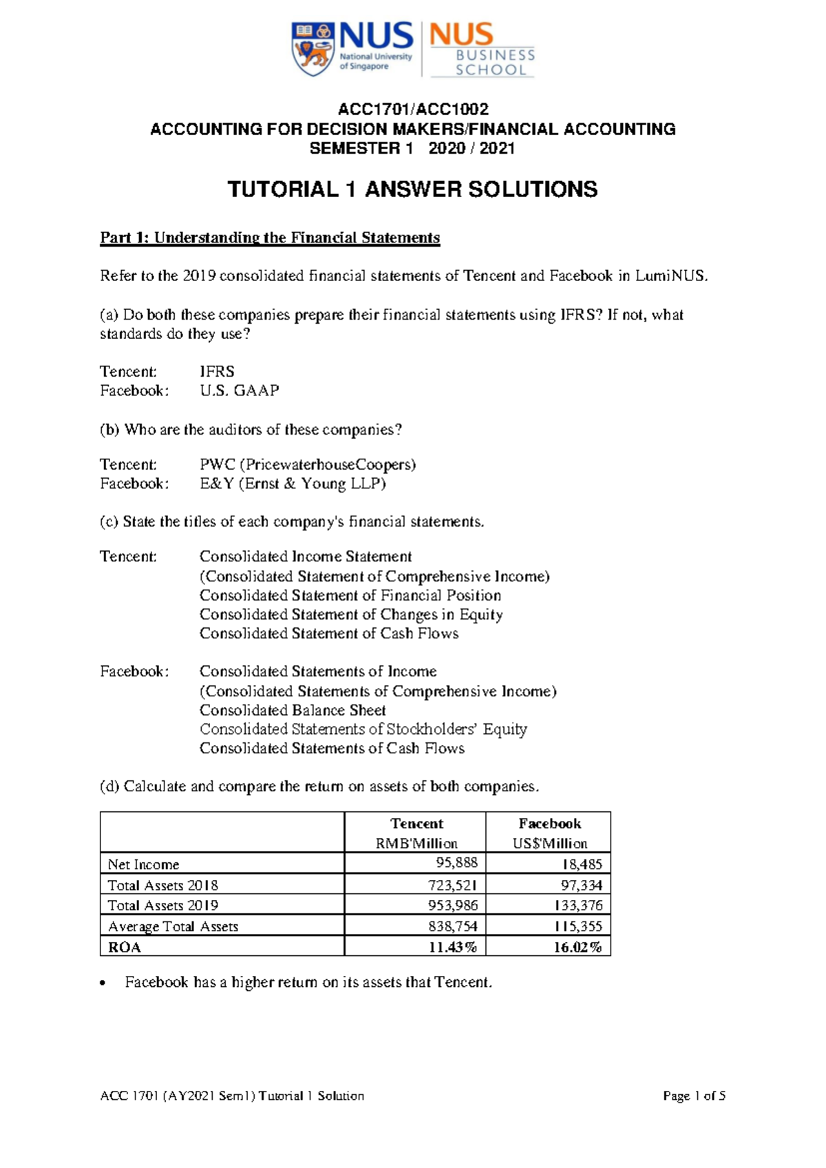 ACC1701/ACC: Tutorial 1 Answer Solutions for Accounting Decisions - Studocu