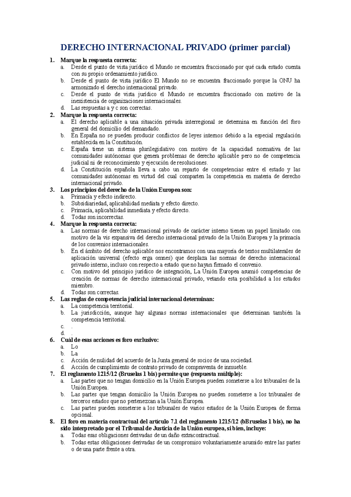 Primer Parcial 2 - DERECHO INTERNACIONAL PRIVADO - Tipo Test - Document Preview