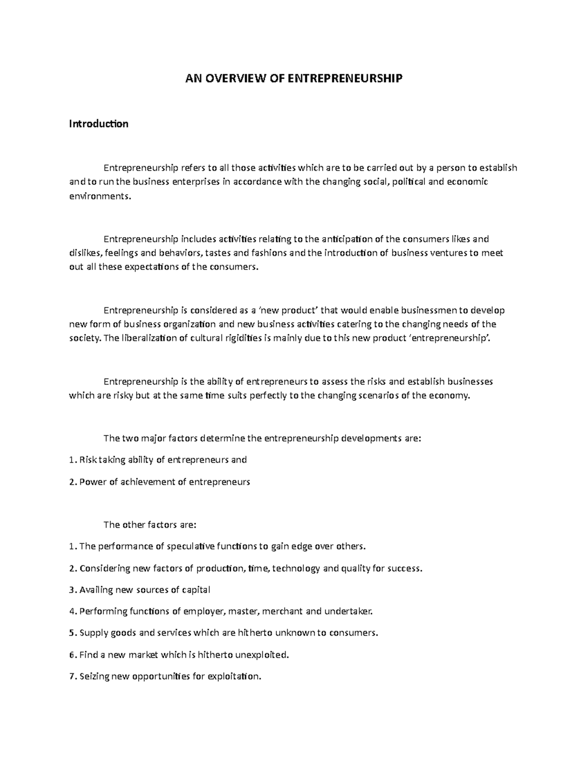 AN Overview OF Entrepreneurship - AN OVERVIEW OF ENTREPRENEURSHIP ...