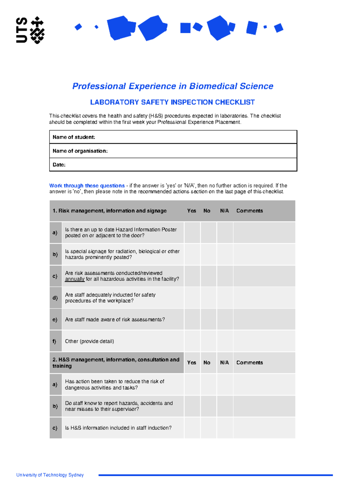 01. Biomedical Laboratory Safety Inspection Checklist for H&S - Studocu