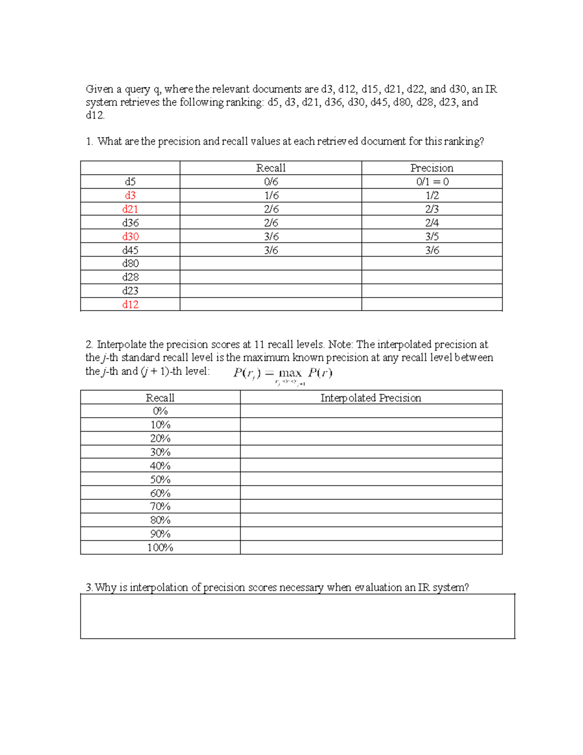 Precision and recall analysis for IR system (PR example) - Studocu