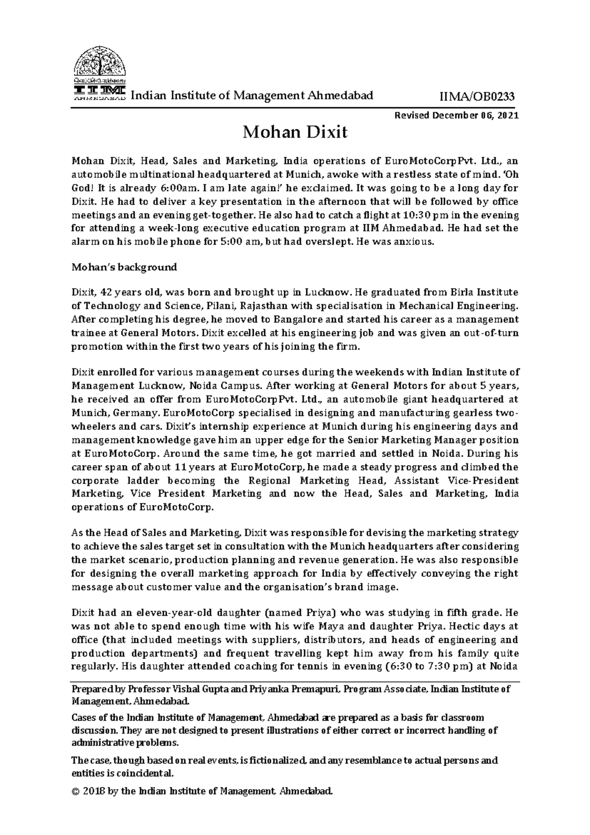 IIMA/OB Mohan Dixit Case Study: Insights on Management Challenges - Studocu