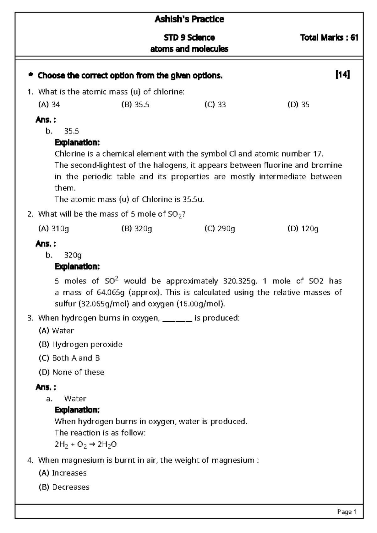 Atoms and Molecules Solutions for STD 9 Science Exam - Studocu