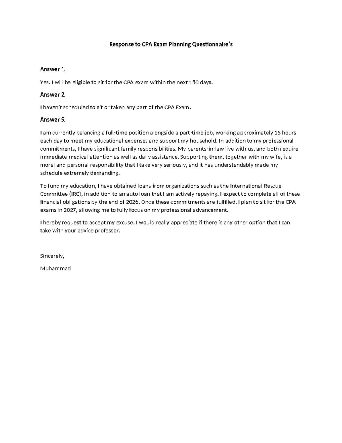 CPA Exam Planning - Response to Eligibility and Commitments - Studocu