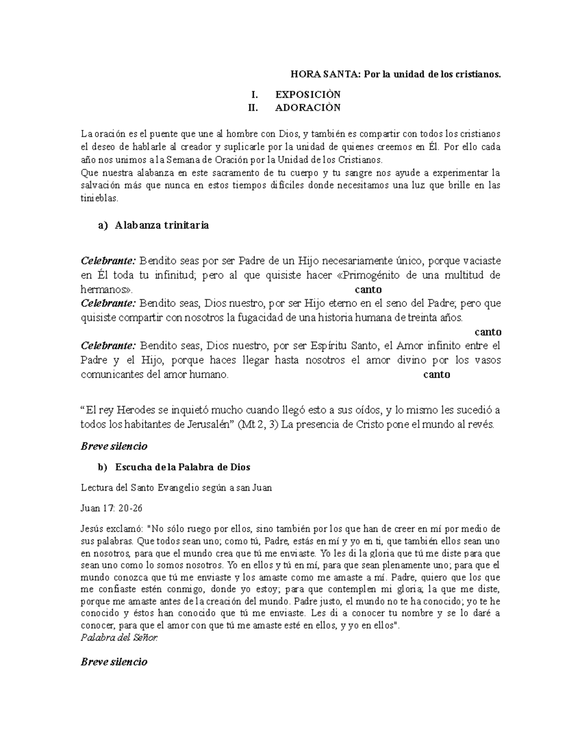Esquema de Hora Santa: Oración por la Unidad de los Cristianos - Studocu