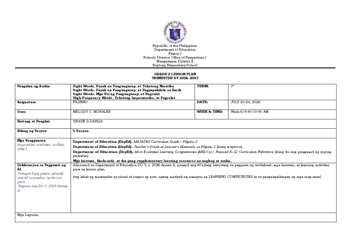 GRADE 2 FILIPINO LESSON PLAN: TRIMESTER 1, WEEK 6 - Studocu