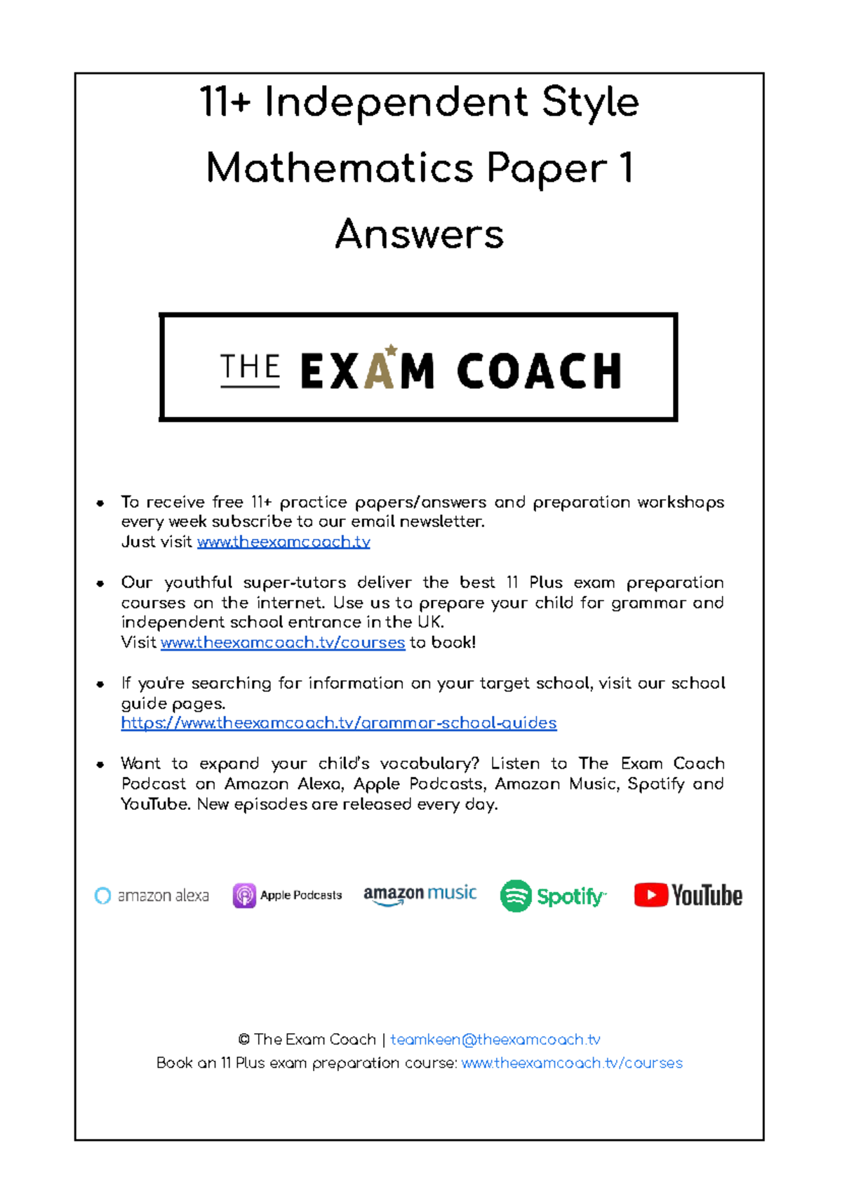11+ Independent Style Mathematics Paper 1 Answer Key and Solutions ...
