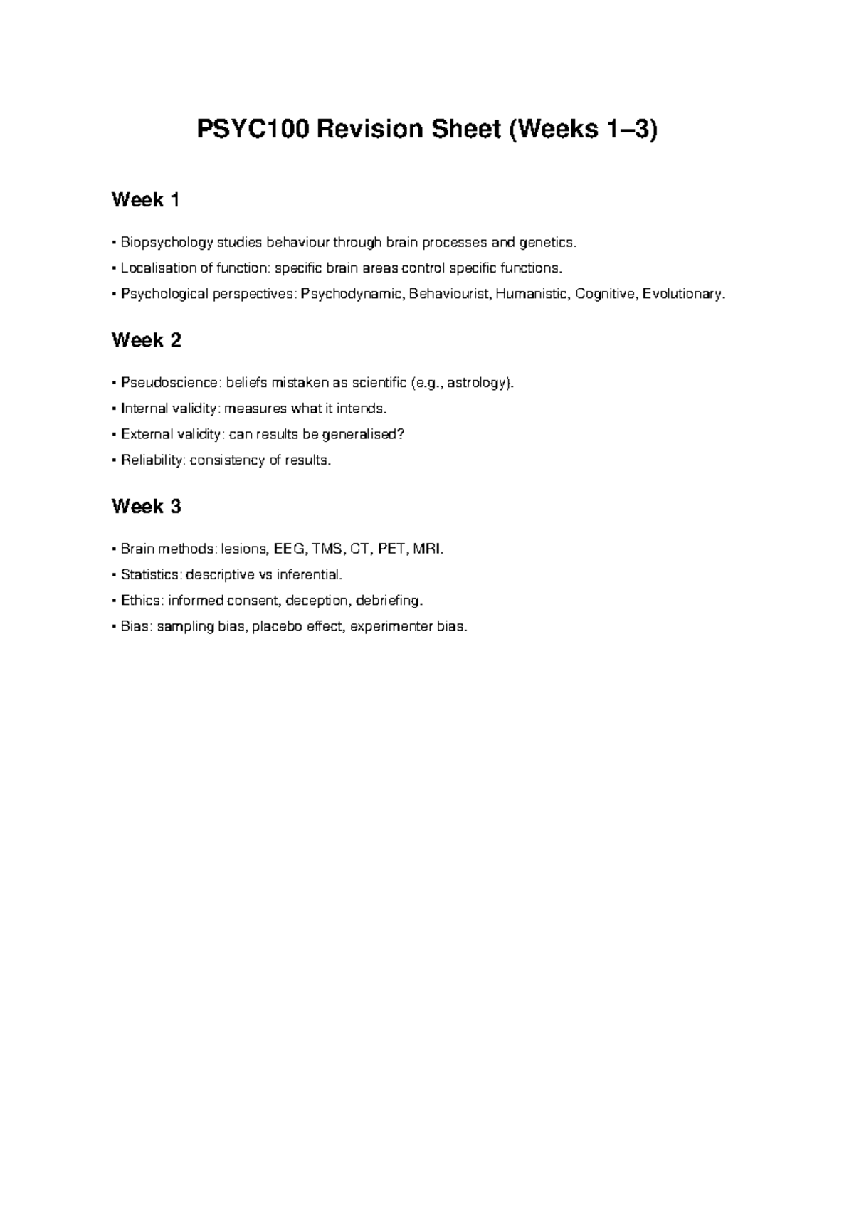 PSYC100 Revision - psych - PSYC100 Revision Sheet (Weeks 1–3) Week 1 ...