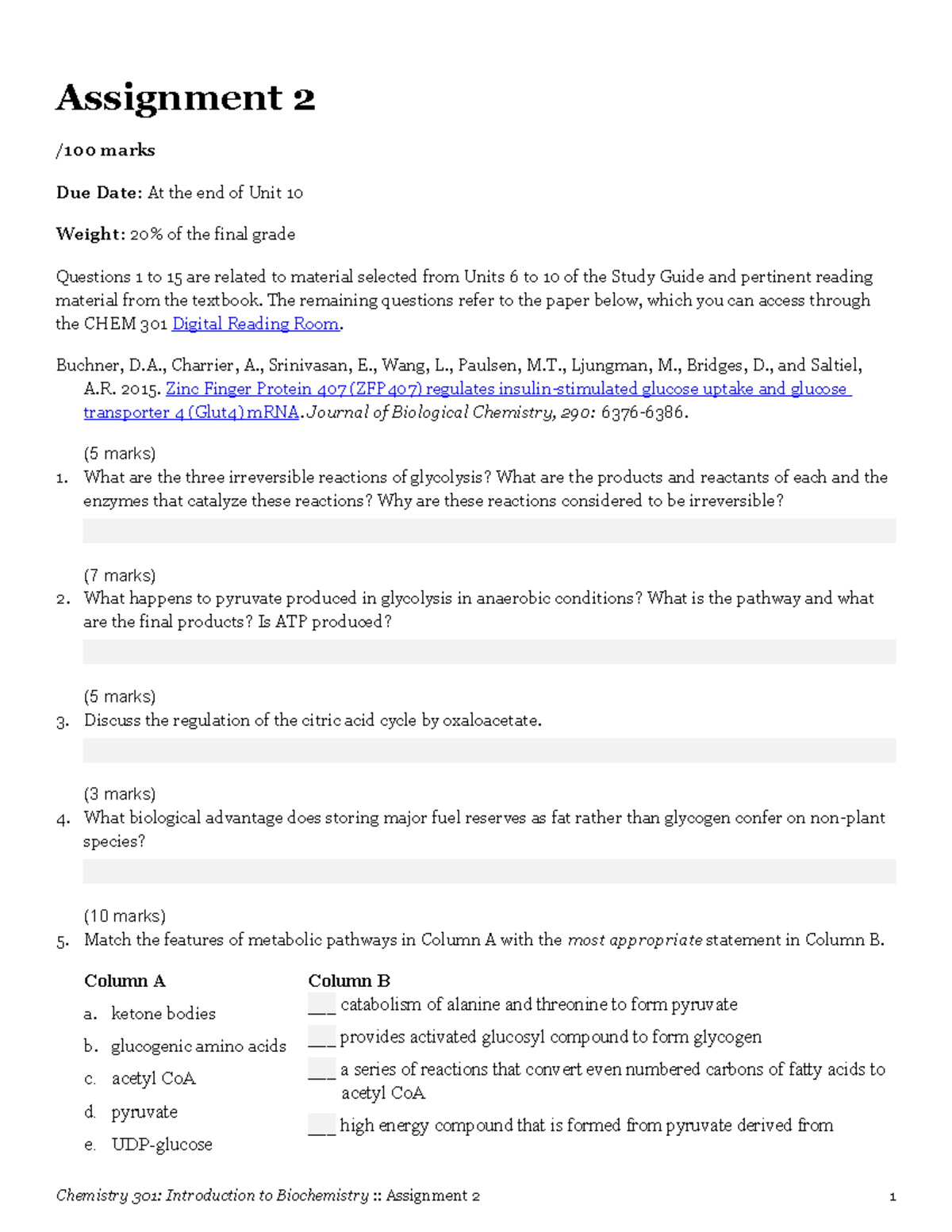 Chemistry 301: Biochemistry Assignment 2 - Key Questions & Concepts ...