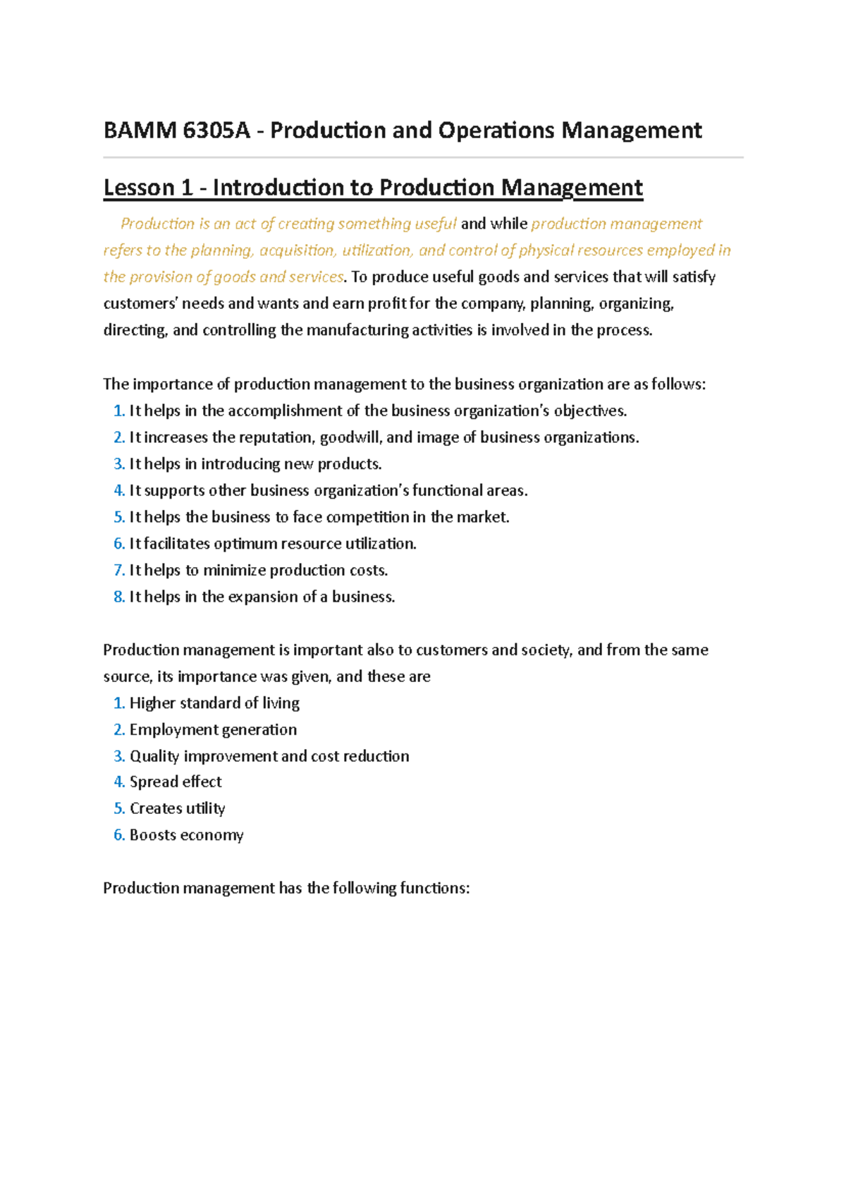 BAMM 6305A Production and Operations Management Lesson 1: Intro to Prod ...