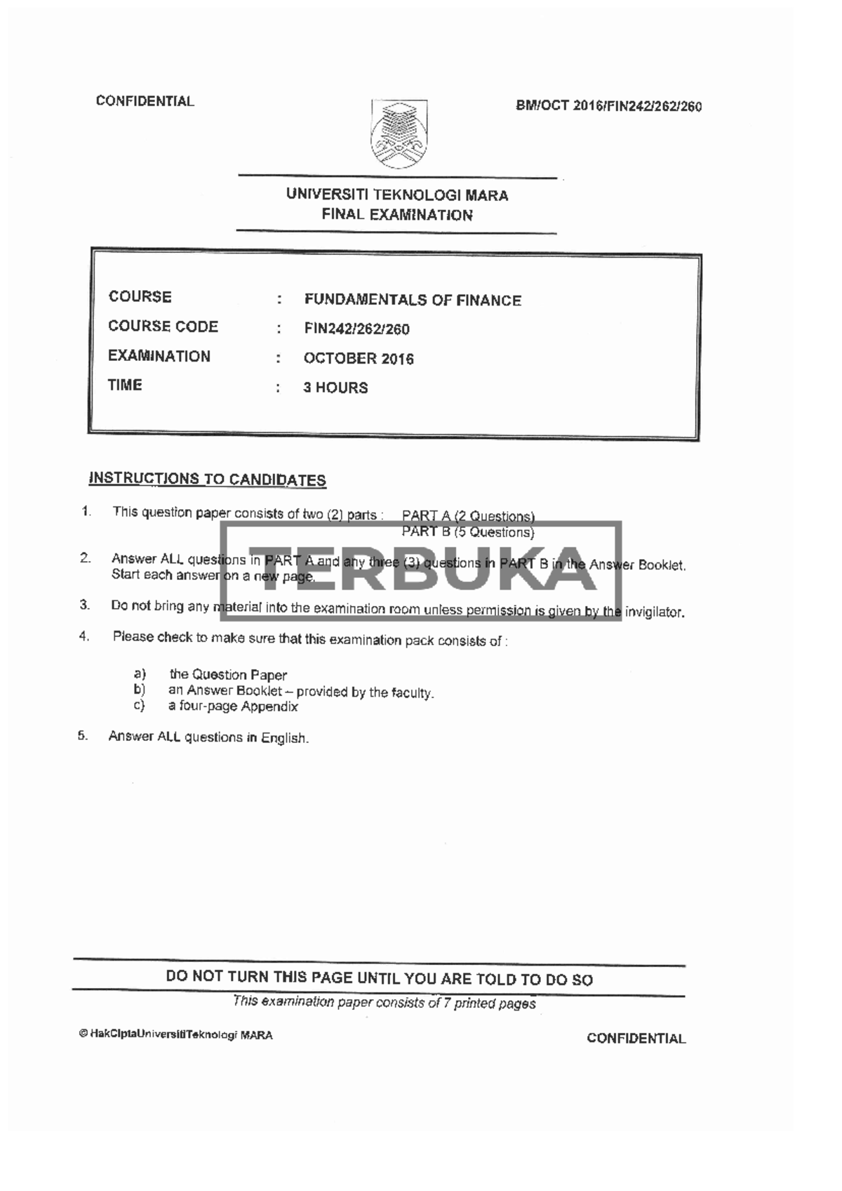 FIN242 OCT16 - Final Exam Past Year Questions in Finance - Studocu