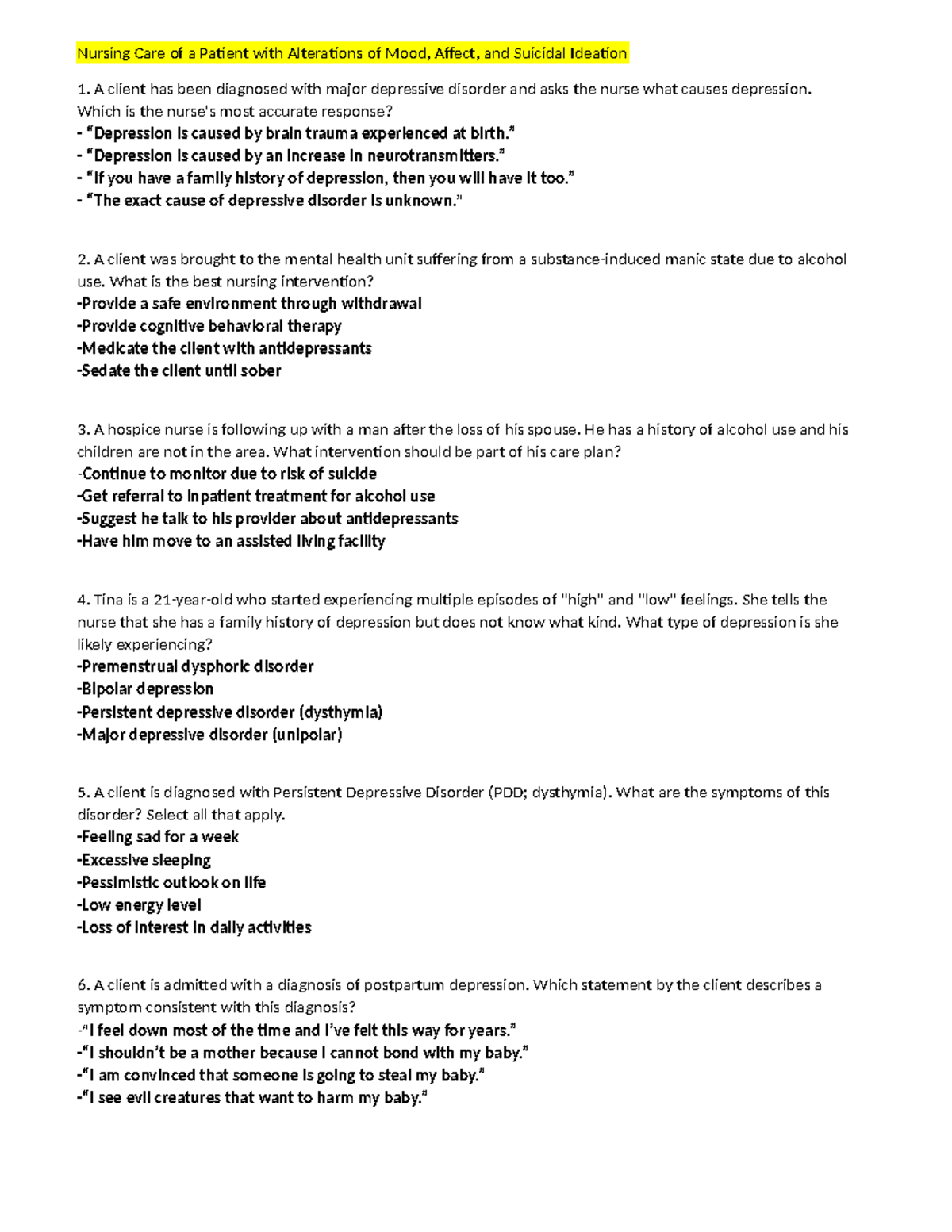 Week 4 NR326 Quiz: Nursing Care for Mood, Affect, and Suicidal Ideation ...