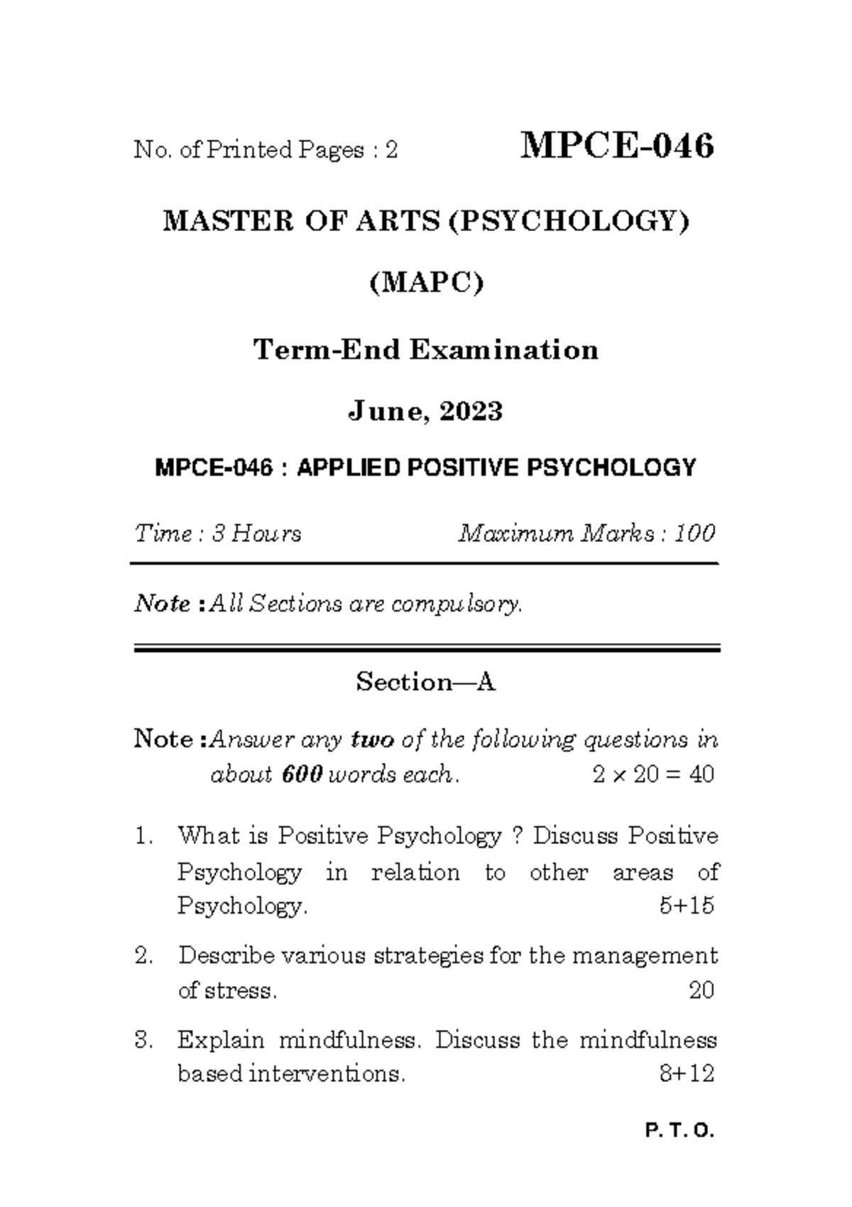 MPCE-046 - June 2024 - P. T. O. No. of Printed Pages : 2 MPCE- MASTER ...