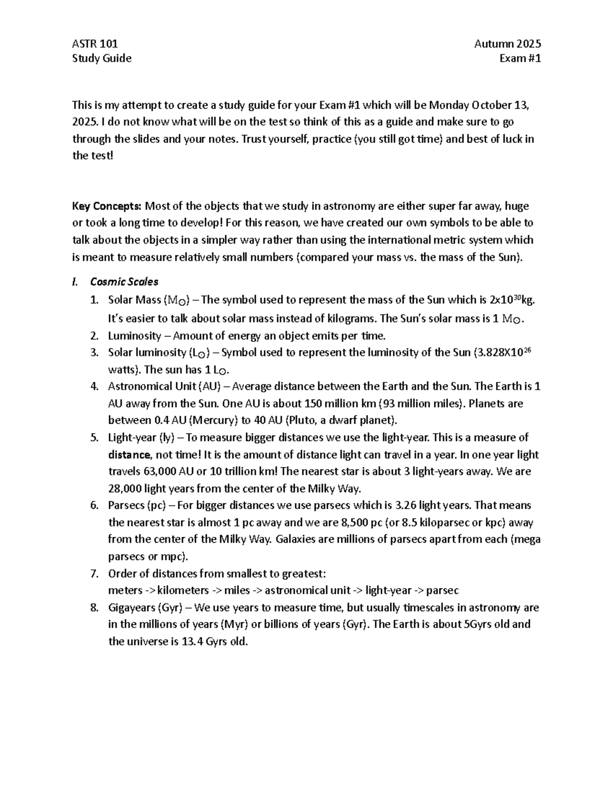 ASTR 101 Autumn 2025 Study Guide for Exam #1 - Studocu