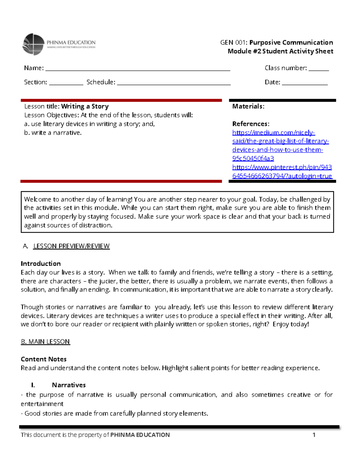 GEN 001 SAS 2 - Module 2 Activity on Writing a Story and Literary ...