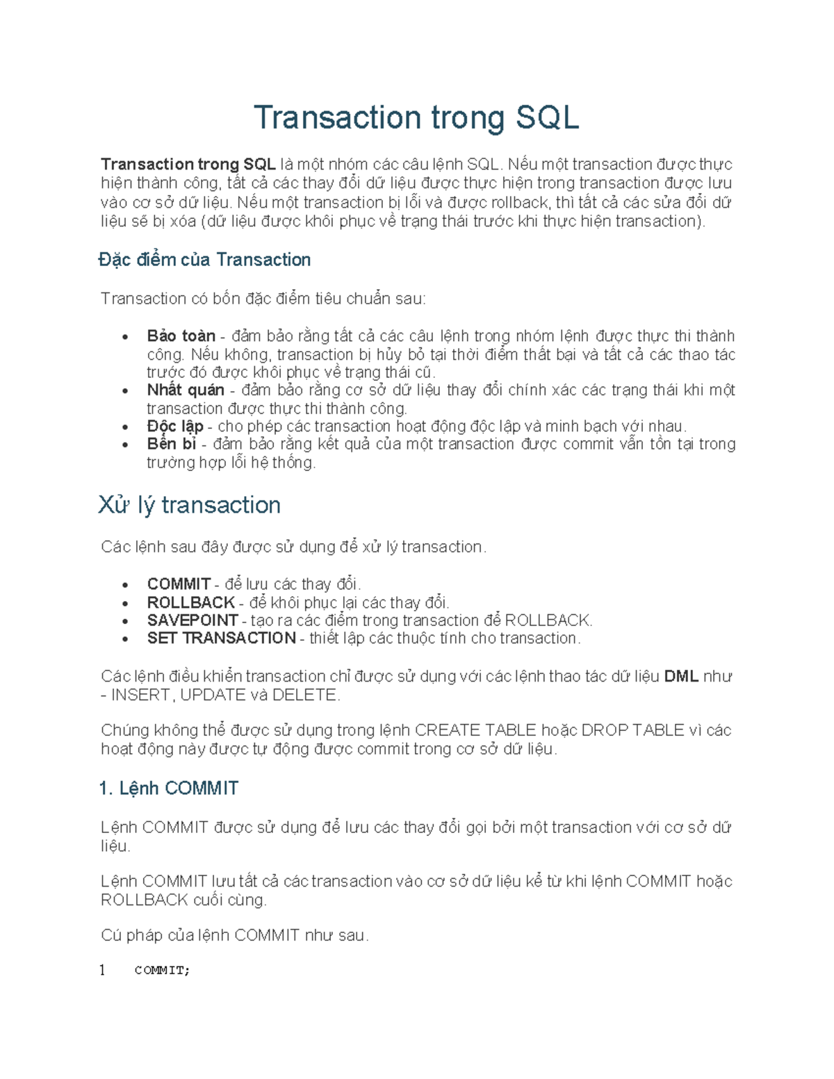 SQL Transaction Concepts and Commands - TKQTDL - Studocu