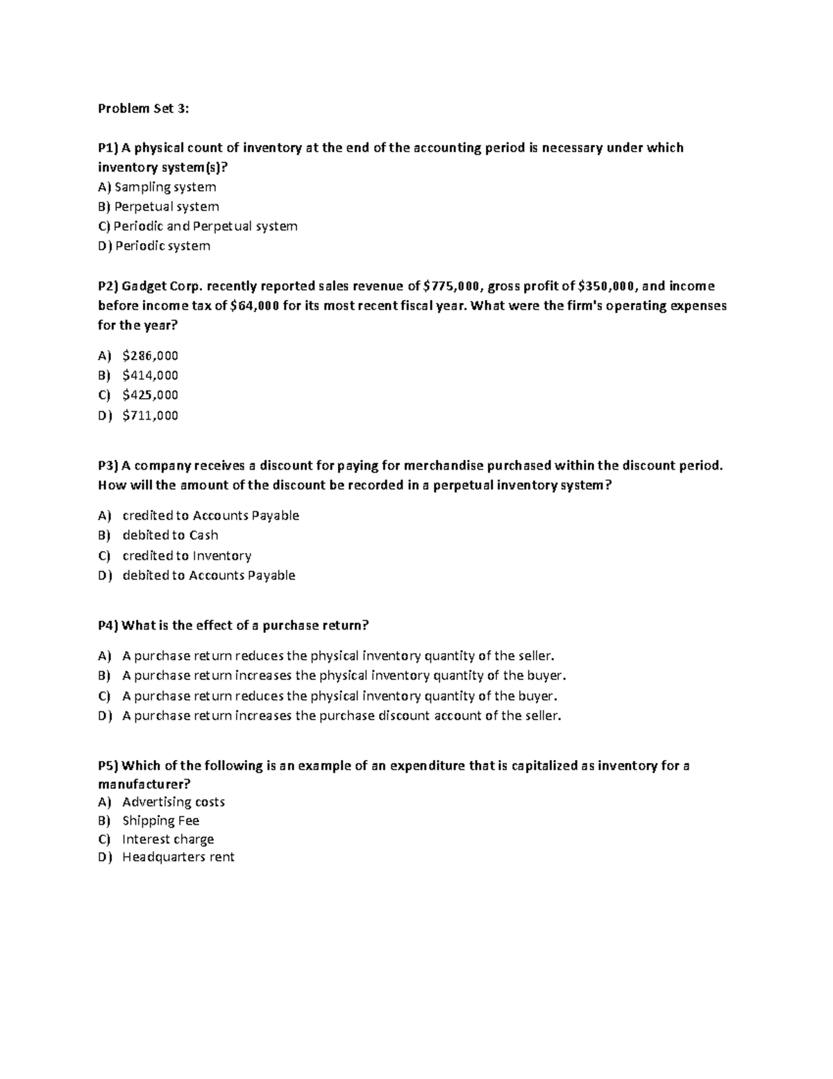 Problem Set 3: Inventory Accounting Questions and Solutions - Studocu
