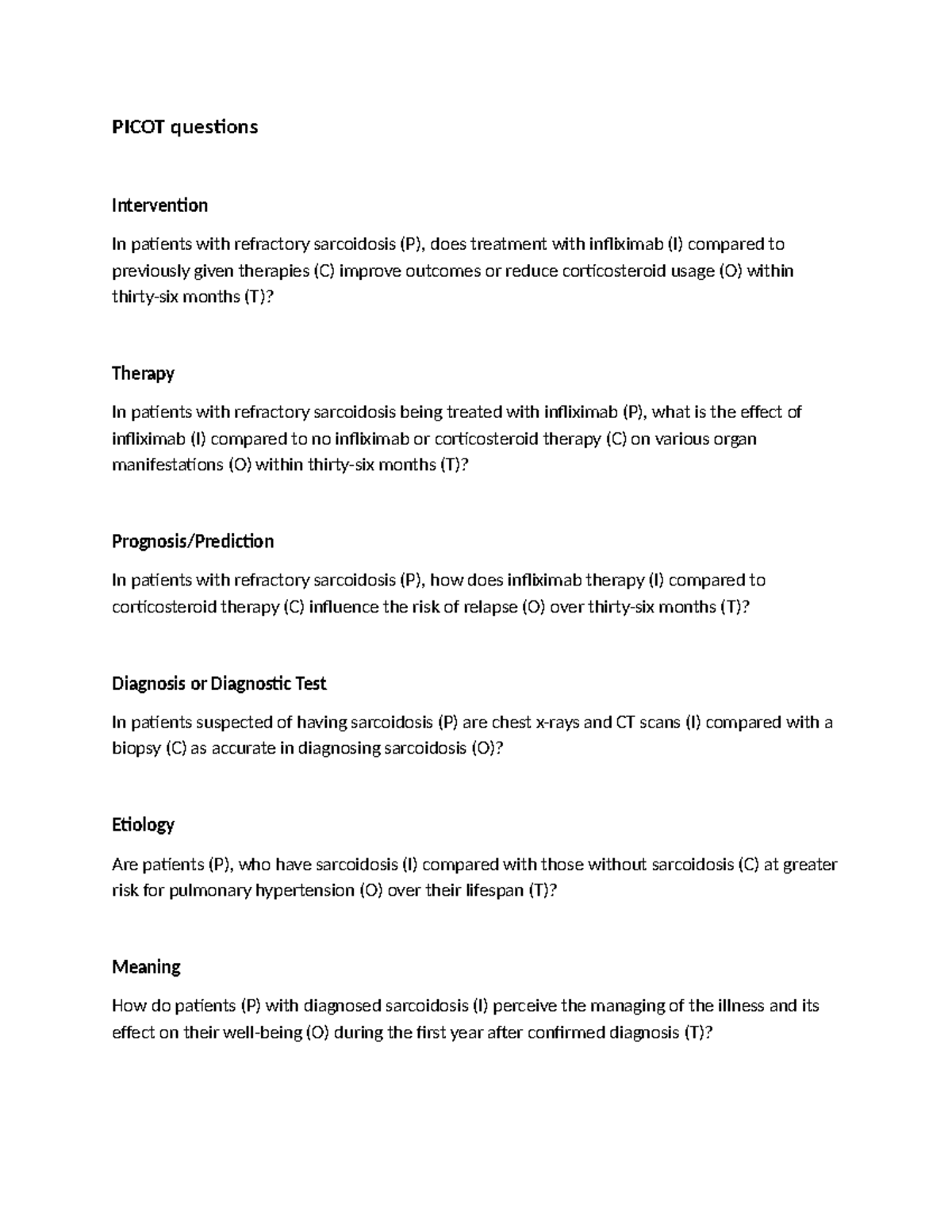 PICOT Questions on Refractory Sarcoidosis Management and Outcomes - Studocu