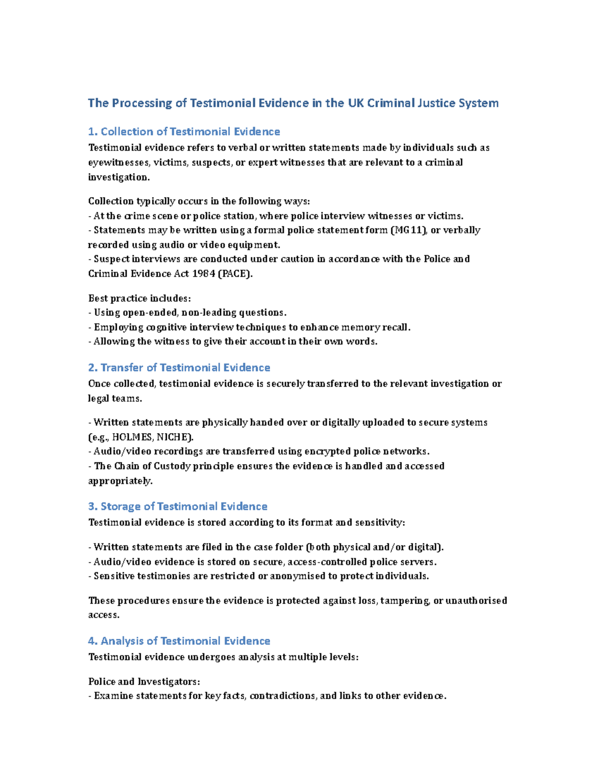 Processing Testimonial Evidence in the UK CJS: Collection to Analysis ...