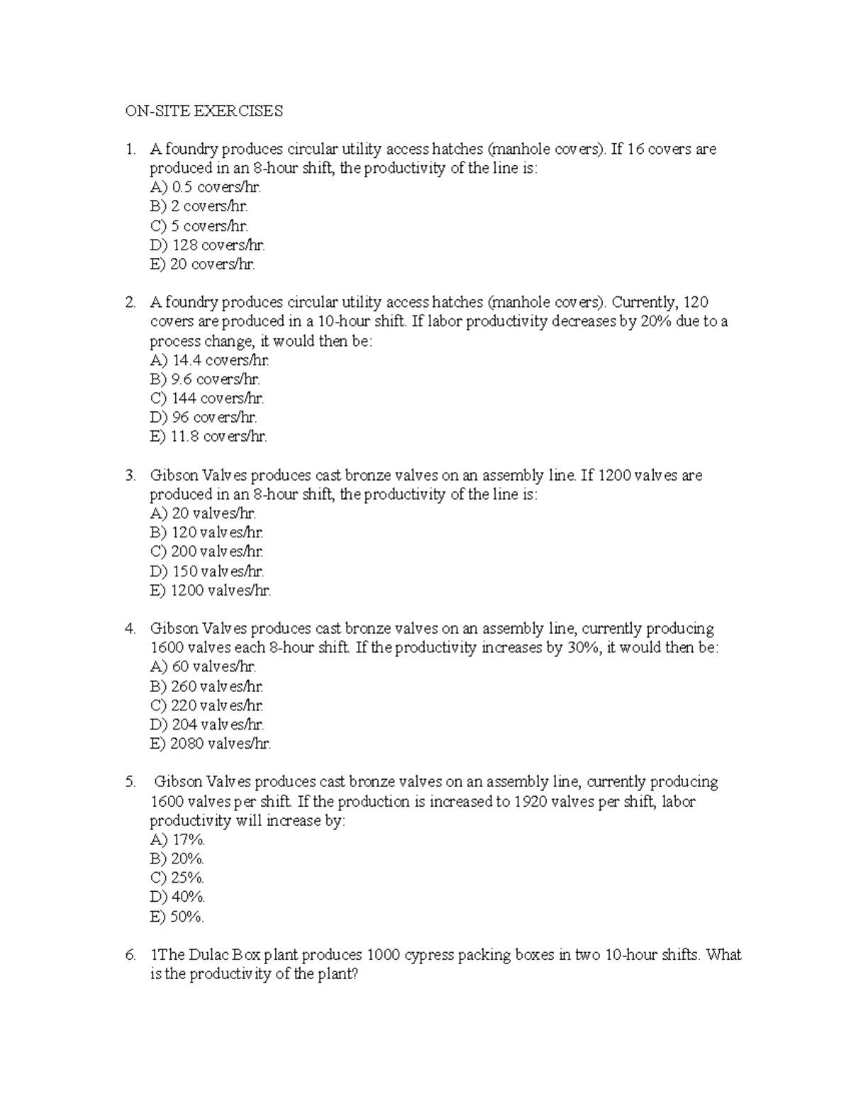 Exercises on Productivity Analysis and Evaluation - Studocu
