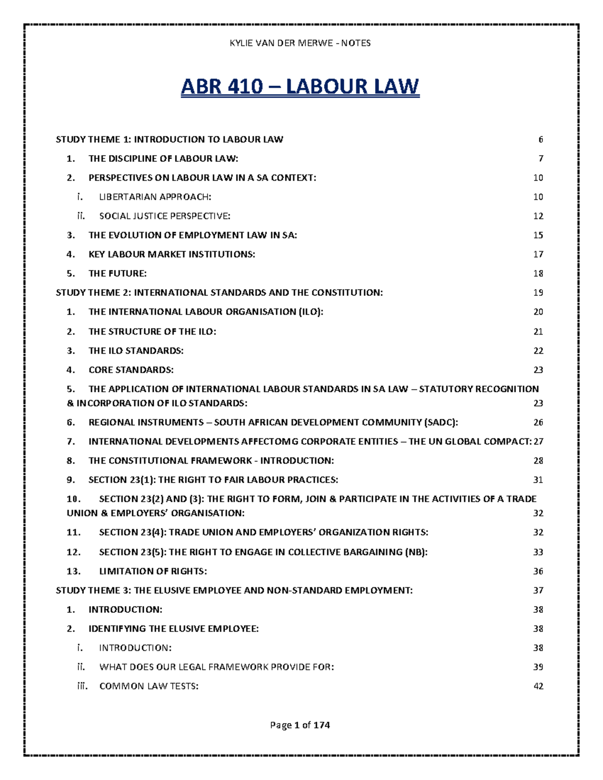 ABR 410 - Kylie Notes Theme 1 - 7 - ABR 410 – LABOUR LAW STUDY THEME 1 ...