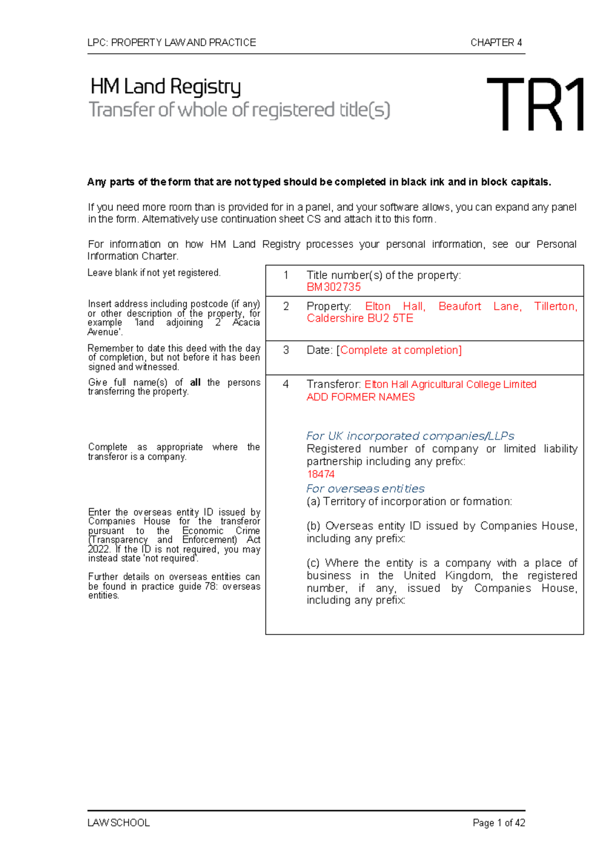 TR1 Form for SGS 4 - tr1 - LPC: PROPERTY LAW AND PRACTICE CHAPTER 4 Any ...