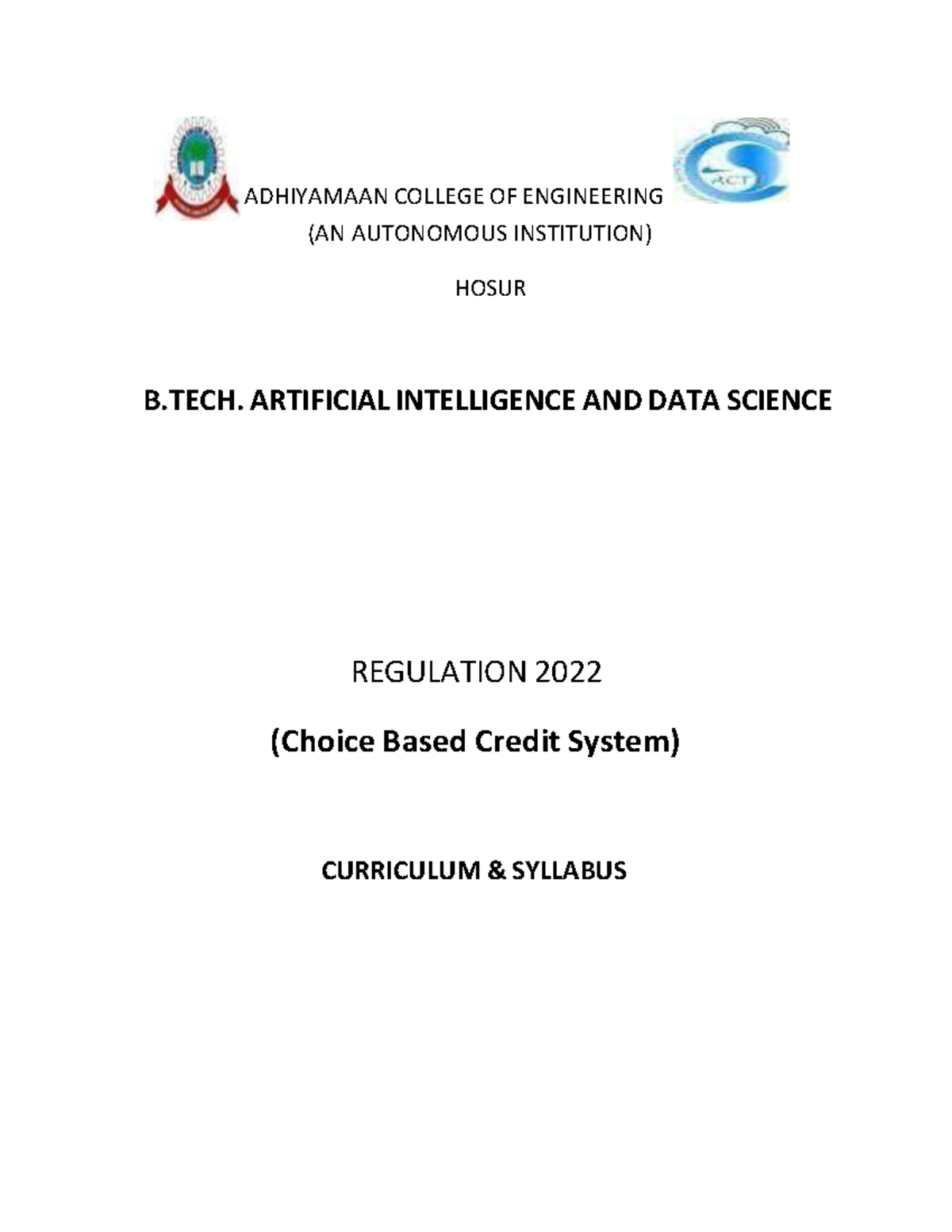 B.Tech. AI & Data Science II Year Full Syllabus - Reg 2022 - Studocu