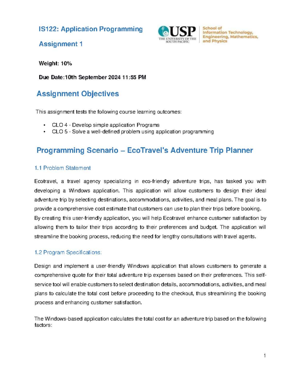 IS122 Assignment 1 Spec: EcoTravel Adventure Trip Planner 2024 S2 - Studocu